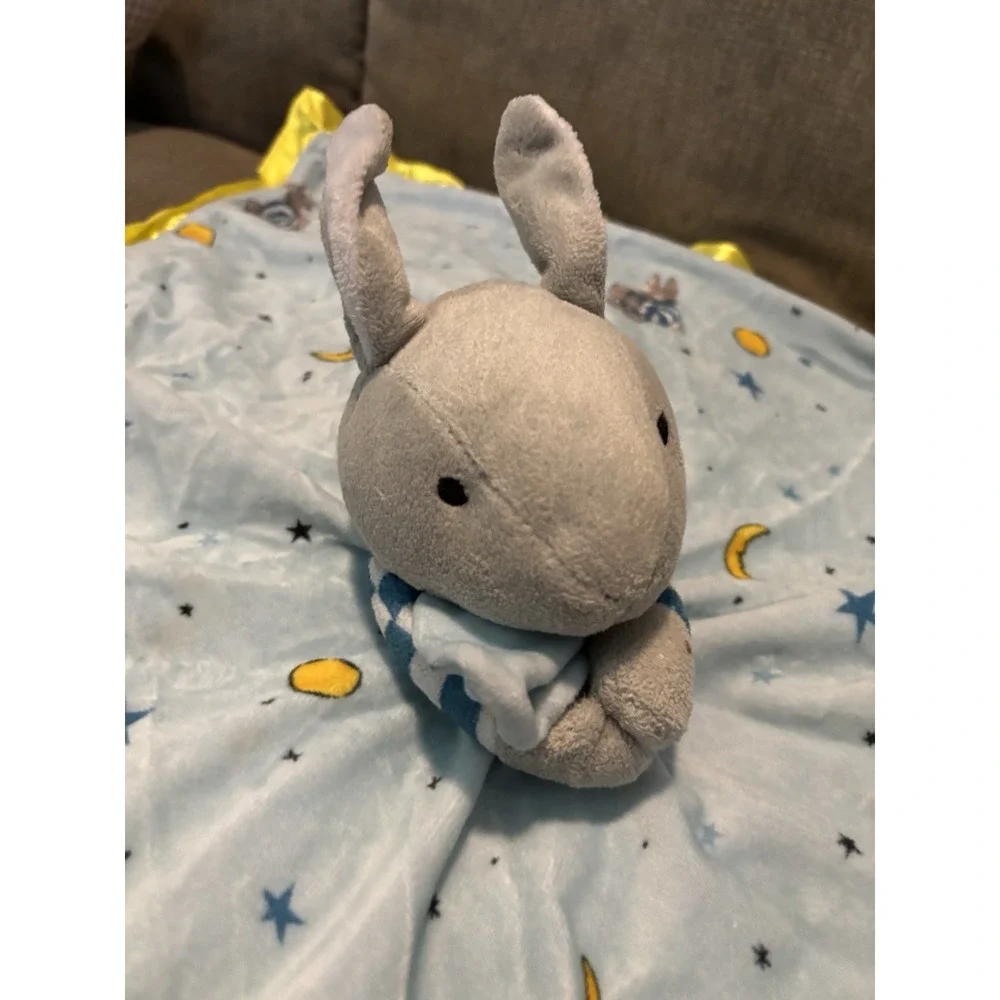 Goodnight Moon Baby Lovey Bunny Security Blanket Blue Yellow Satin Plush Rabbit